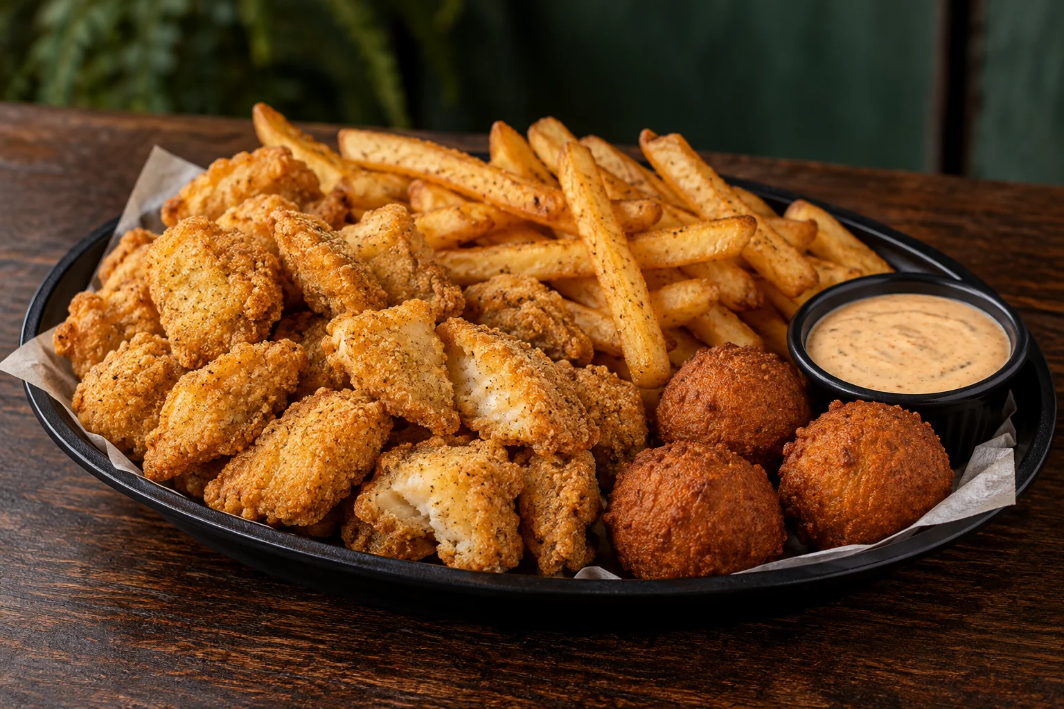 Promotional artwork of Southern-fried catfish bites with fries, hush puppies and dipping sauce.