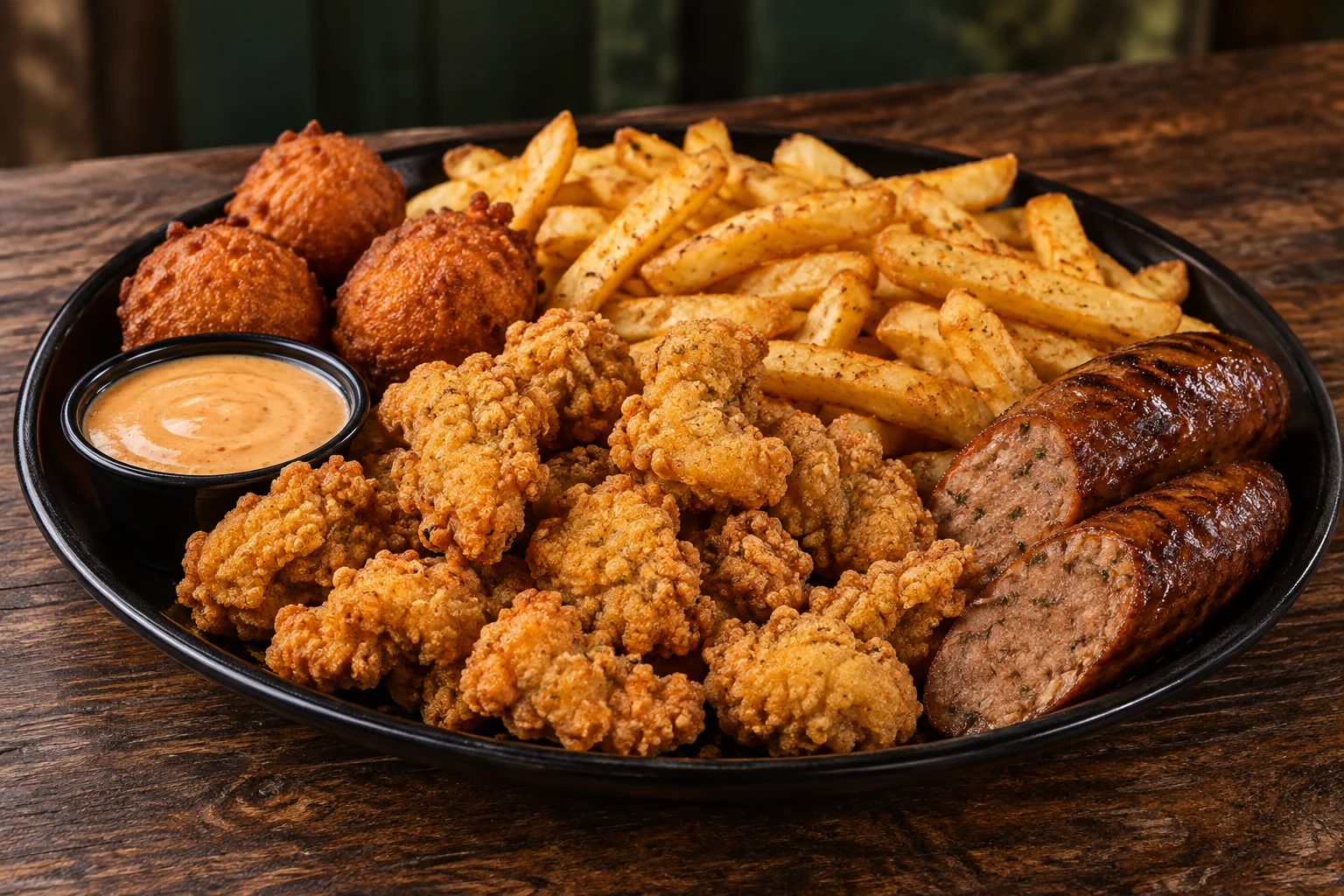 Promotional artwork of a gator platter with fried gator bites, Cajun gator sausage, fries, hush puppies and sauce.