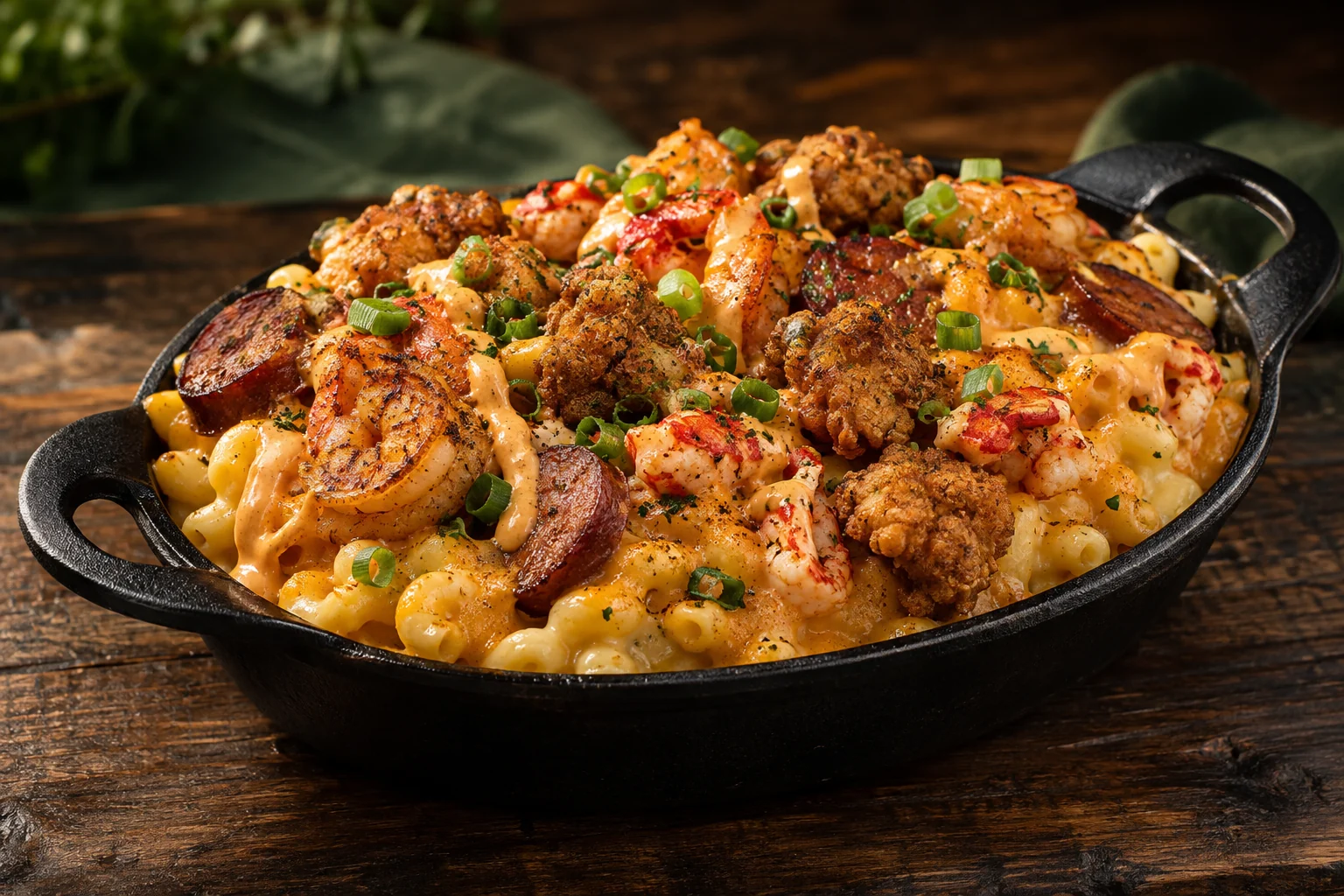 Promotional artwork of loaded Cajun mac and cheese with seafood, sausage and green onions.
