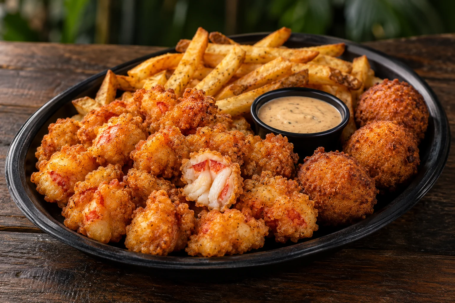 Promotional artwork of fried lobster bites with fries, hush puppies and signature sauce.