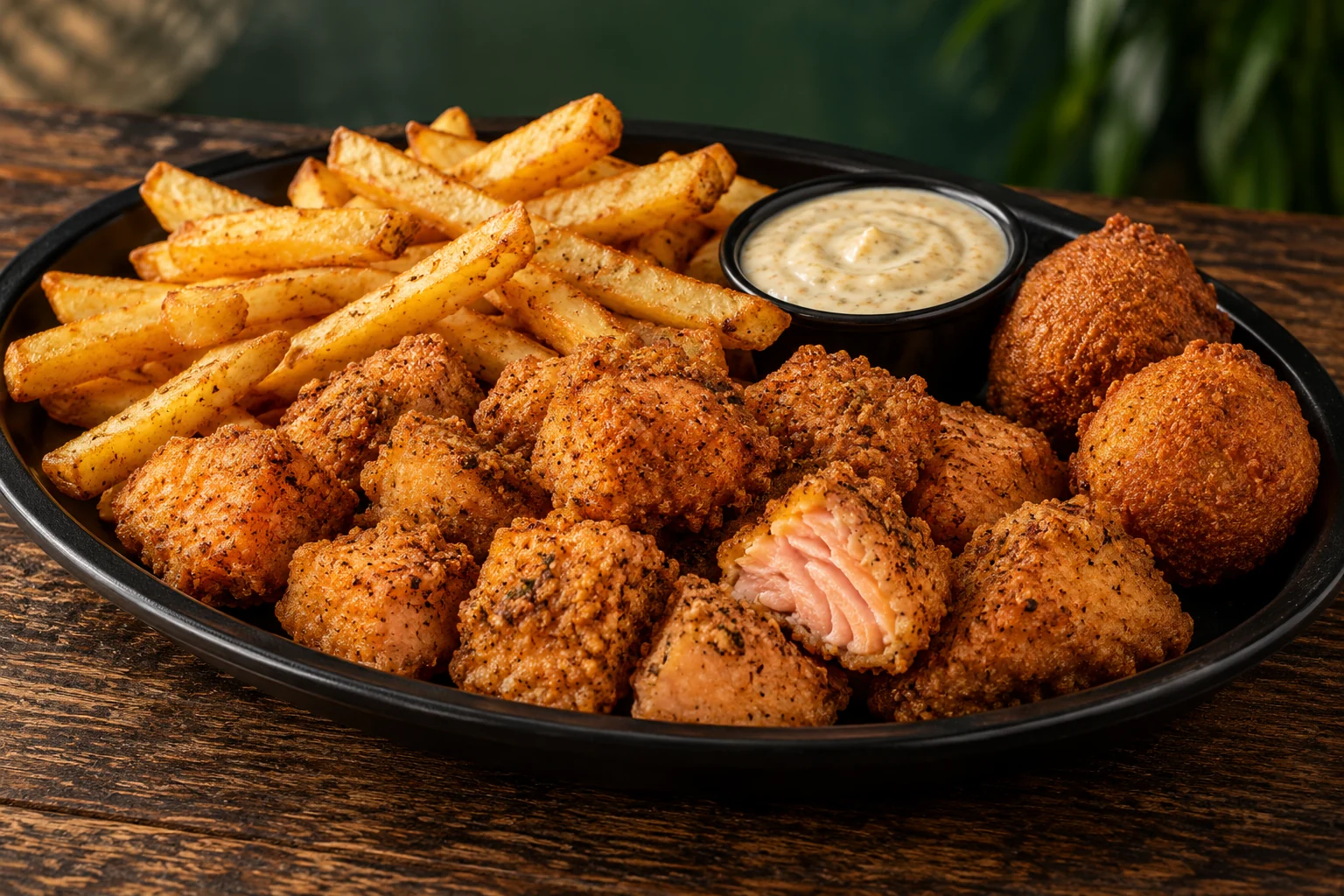 Promotional artwork of golden-fried salmon bites with fries, hush puppies and dipping sauce.