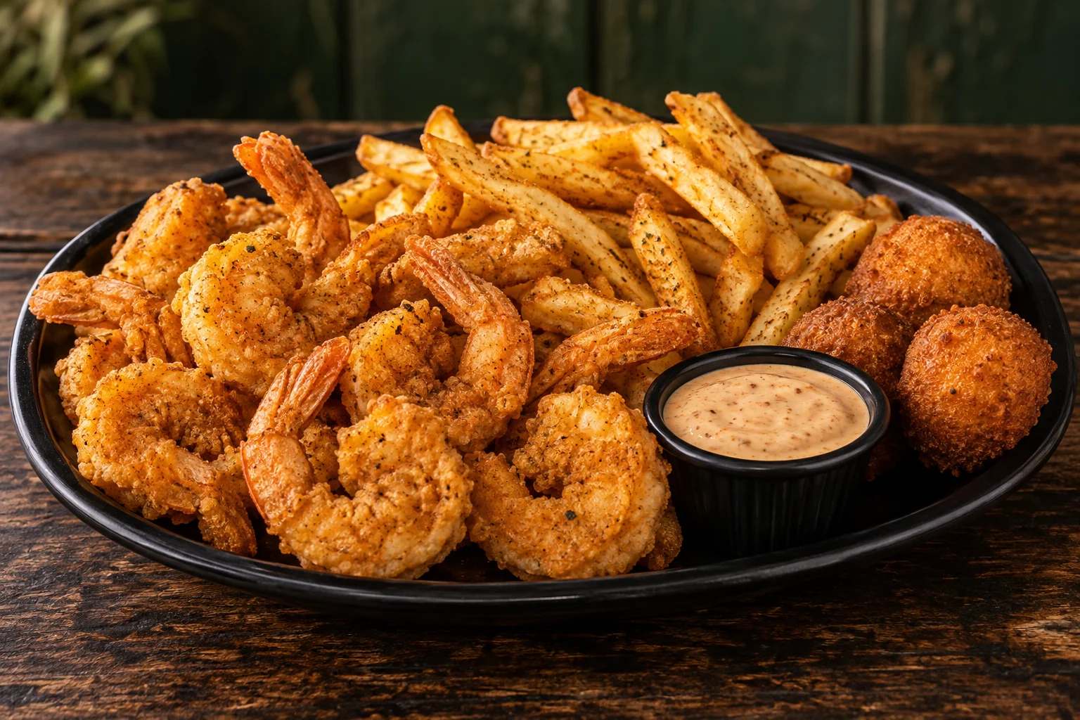 Promotional artwork of Cajun-seasoned fried shrimp with fries, hush puppies and dipping sauce.