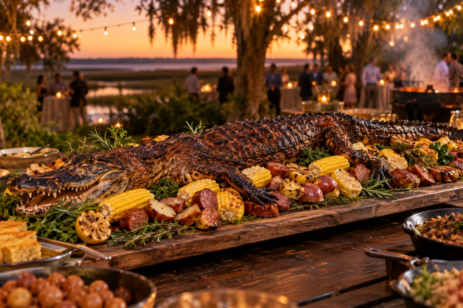 Promotional catering artwork showing a whole-smoked alligator presentation at a Lowcountry event.